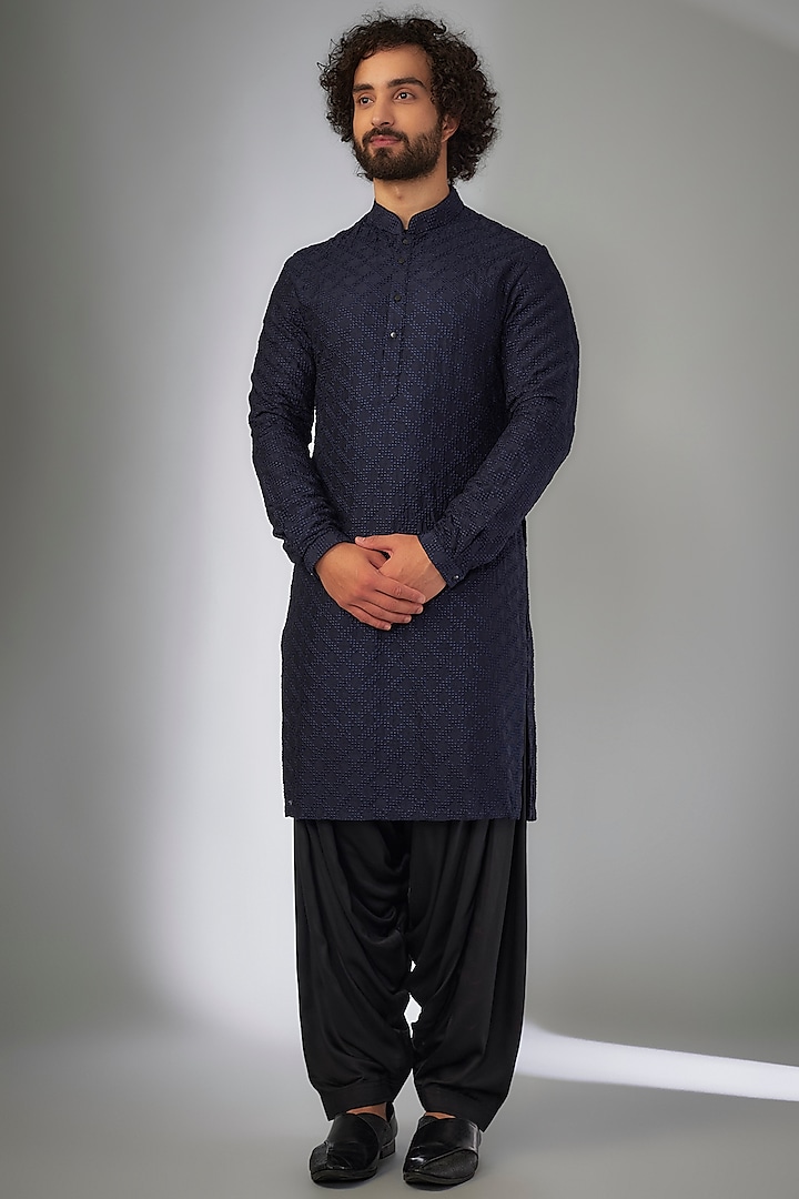 Navy Blue Dola Silk Thread Embroidered Kurta Set by SALIL BHATIA