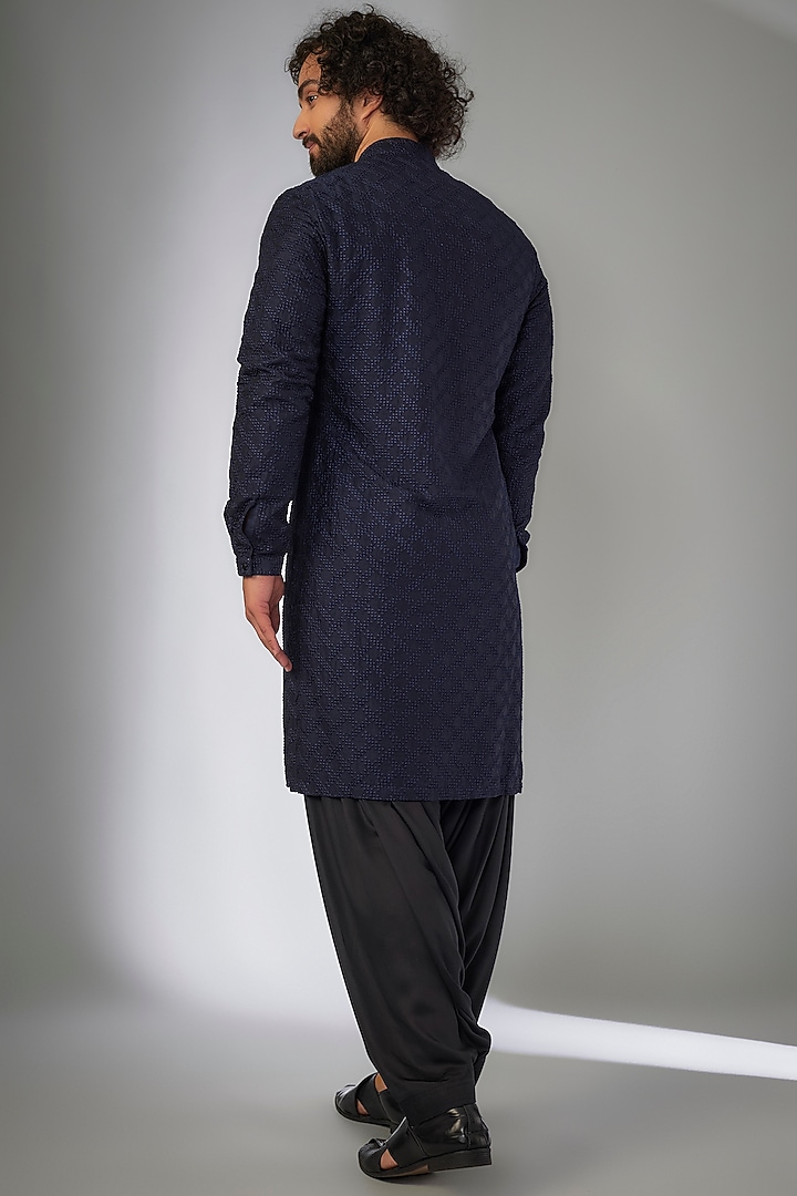 Navy Blue Dola Silk Thread Embroidered Kurta Set by SALIL BHATIA at Pernia's Pop Up Shop