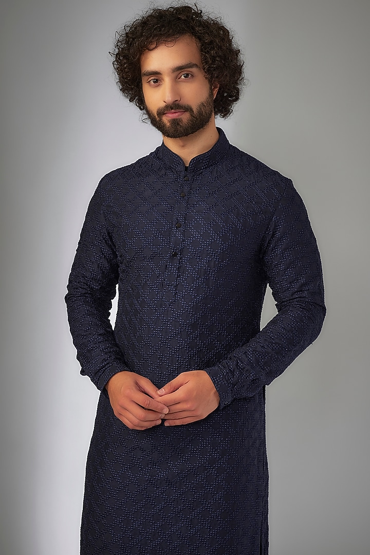 Navy Blue Dola Silk Thread Embroidered Kurta Set by SALIL BHATIA at Pernia's Pop Up Shop