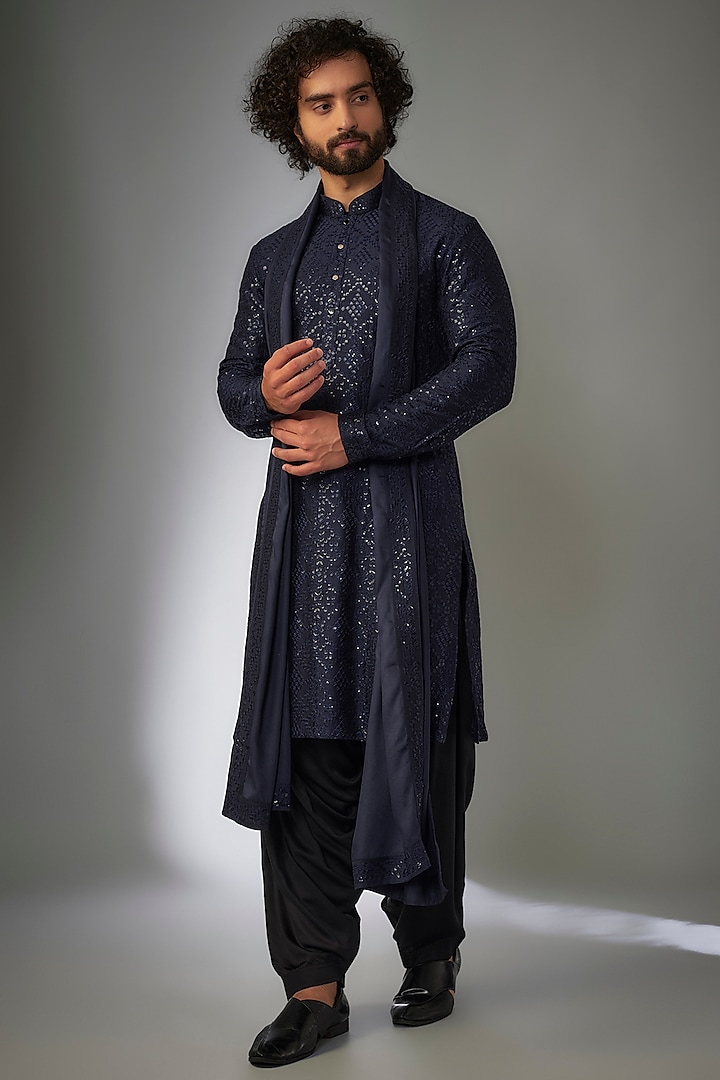 Navy Blue Dola Silk Thread Embroidered Kurta Set by SALIL BHATIA at Pernia's Pop Up Shop