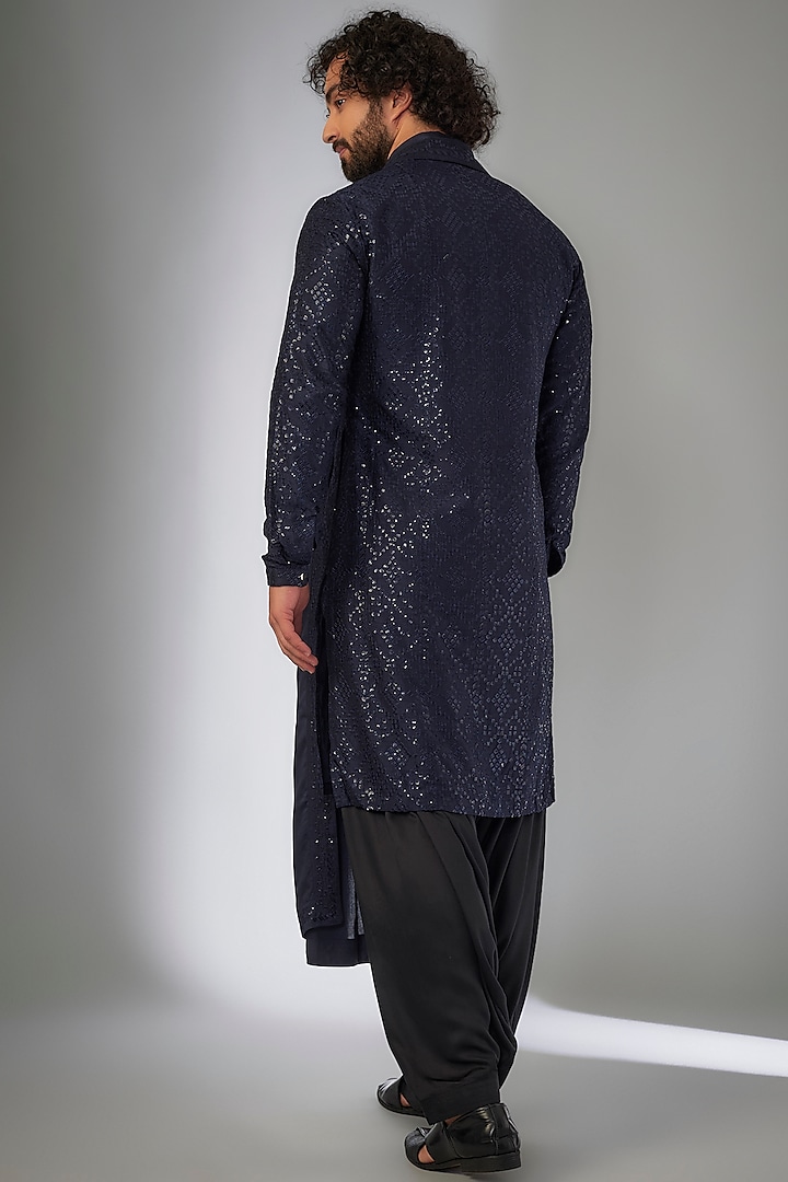 Navy Blue Dola Silk Thread Embroidered Kurta Set by SALIL BHATIA at Pernia's Pop Up Shop