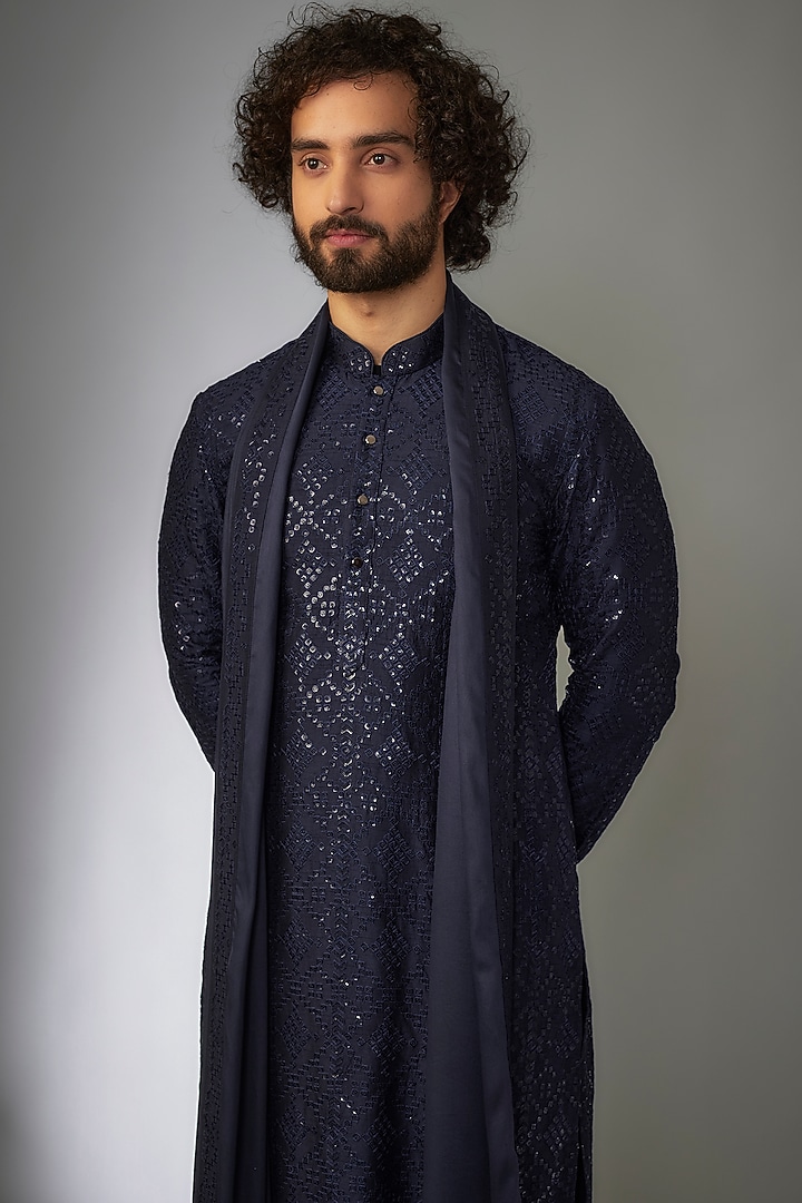 Navy Blue Dola Silk Thread Embroidered Kurta Set by SALIL BHATIA at Pernia's Pop Up Shop