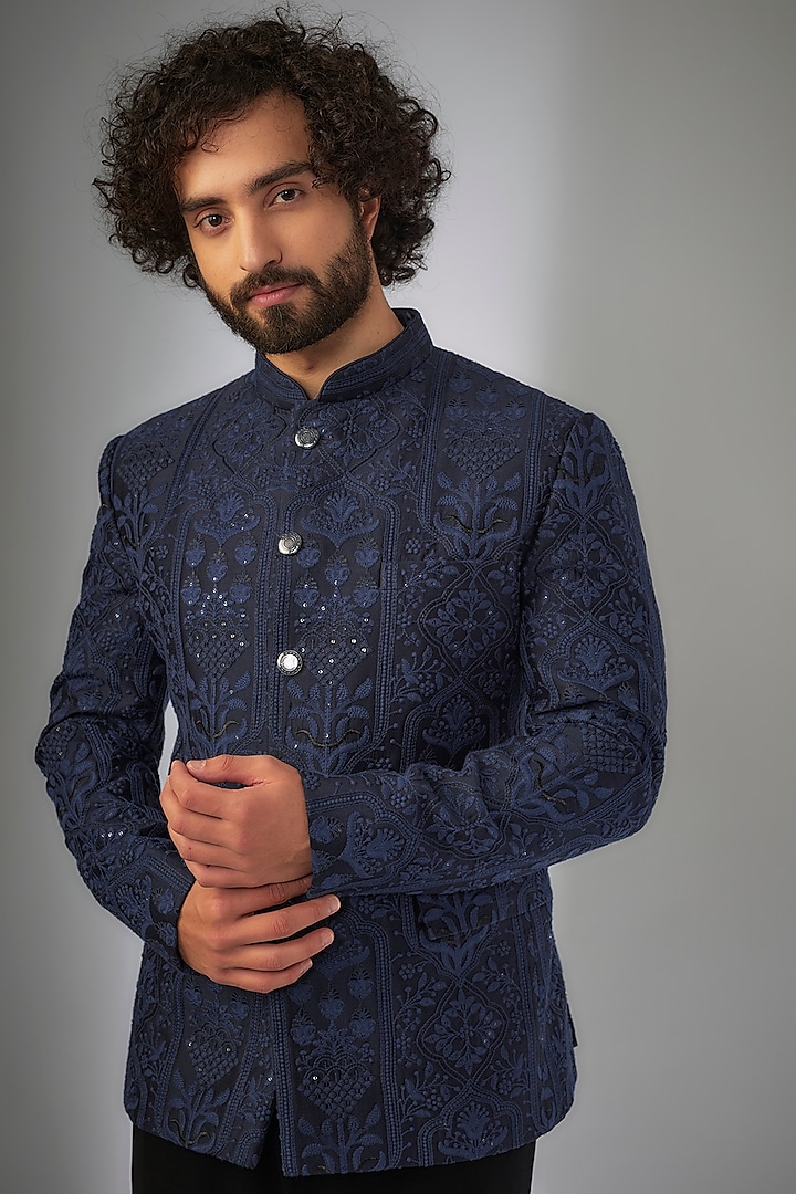 Royal Blue Silk Chanderi Sequins Embellished Bandhgala Jacket by SALIL BHATIA