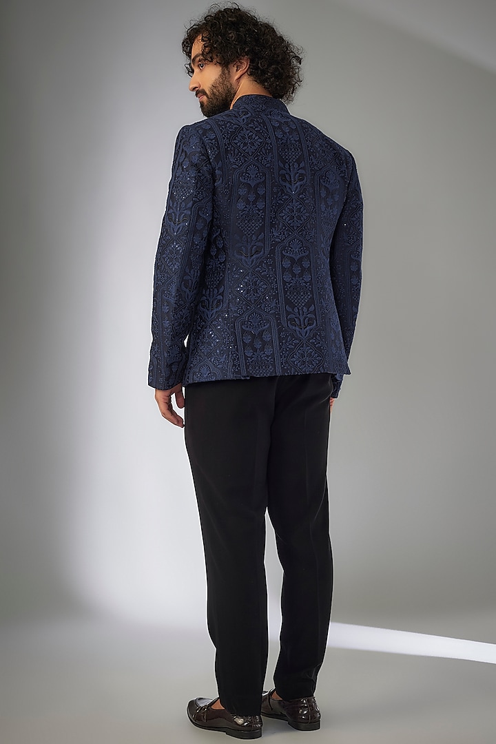 Royal Blue Silk Chanderi Sequins Embellished Wedding Bandhgala Jacket by SALIL BHATIA at Pernia's Pop Up Shop