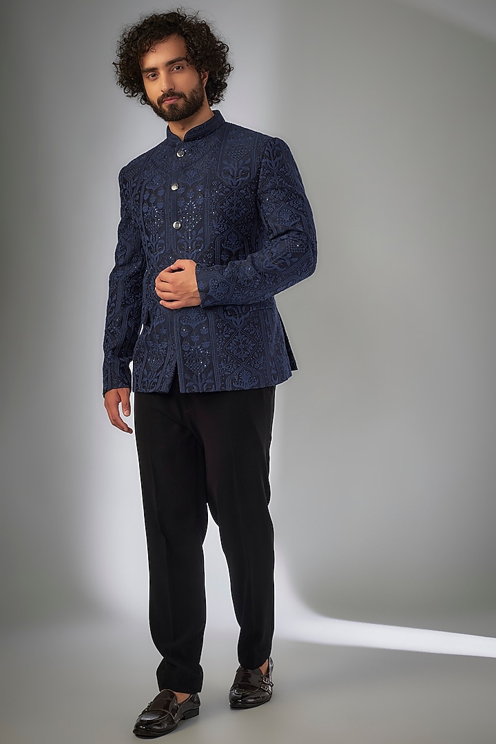 Royal Blue Silk Chanderi Sequins Embellished Wedding Bandhgala Jacket by SALIL BHATIA at Pernia's Pop Up Shop