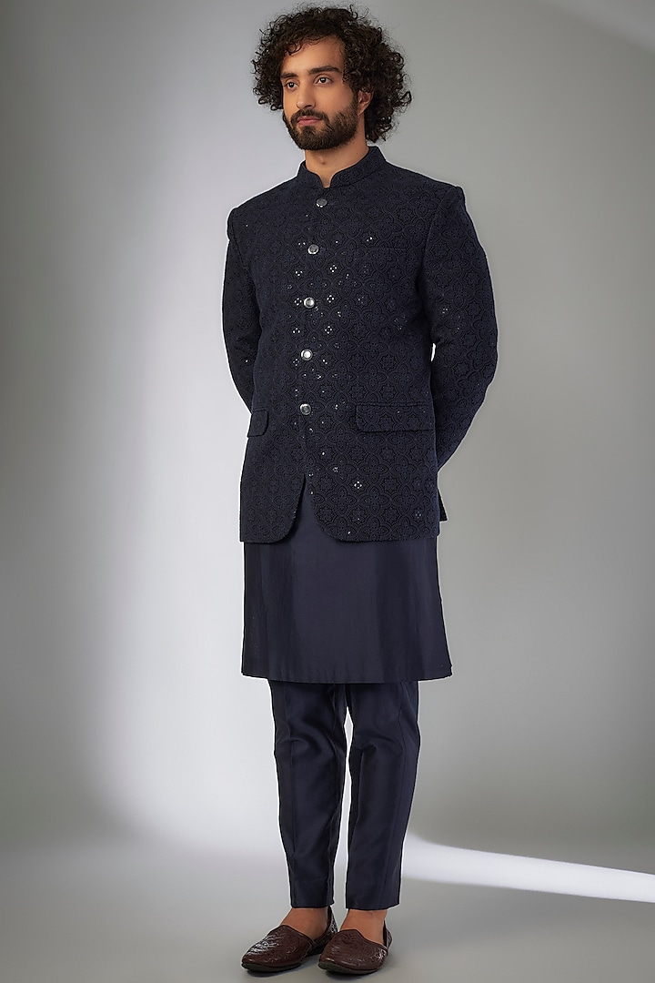 Royal Blue Silk Chanderi Sequins Embellished Bandhgala Jacket Set by SALIL BHATIA