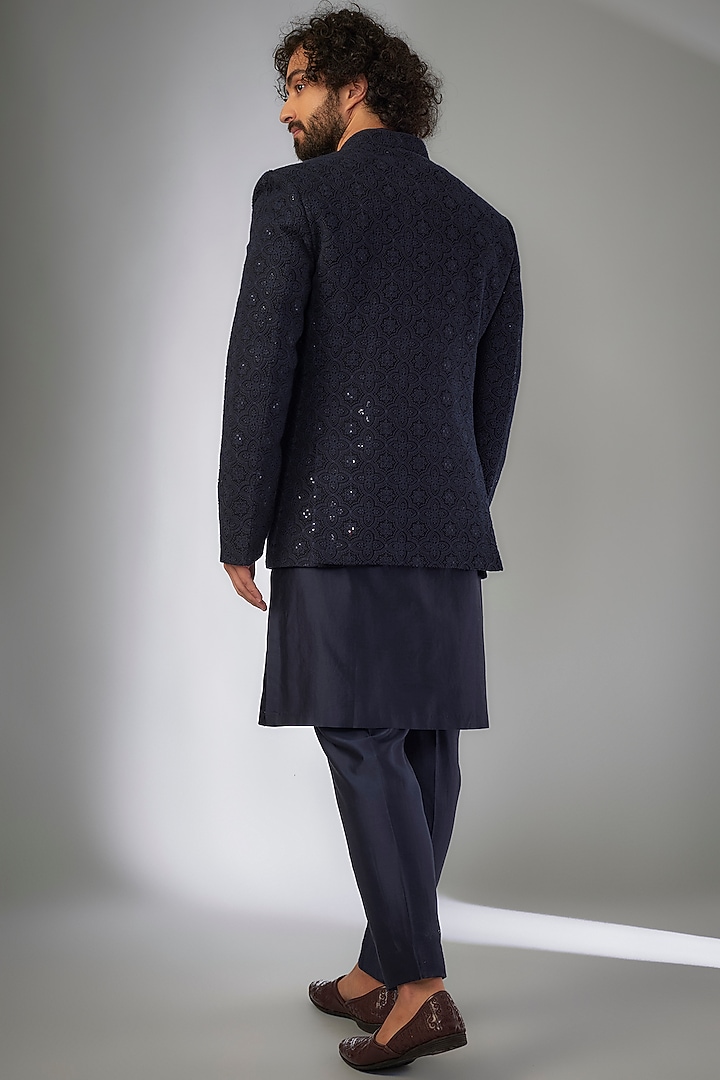 Royal Blue Silk Chanderi Sequins Embellished Wedding Bandhgala Jacket Set by SALIL BHATIA at Pernia's Pop Up Shop