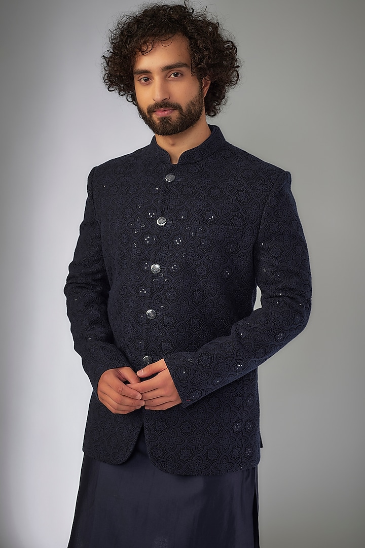 Royal Blue Silk Chanderi Sequins Embellished Wedding Bandhgala Jacket Set by SALIL BHATIA at Pernia's Pop Up Shop