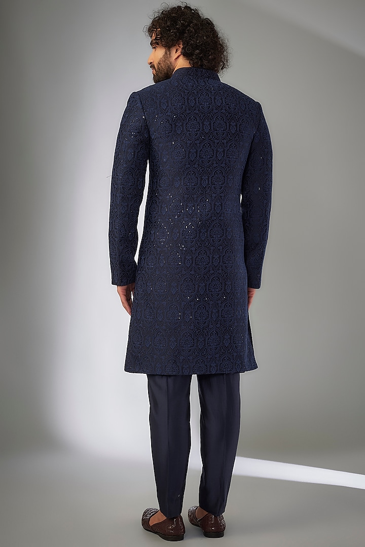 Storm Blue Silk Chanderi Sequins Embellished Indo-Western Set  by SALIL BHATIA at Pernia's Pop Up Shop