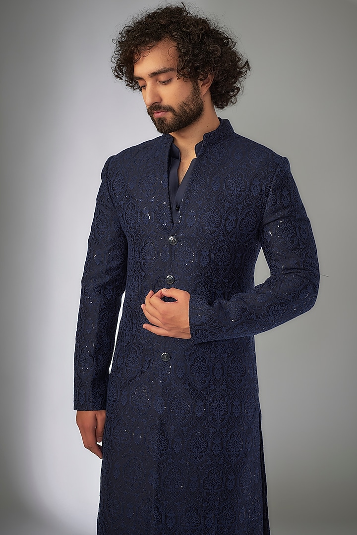 Storm Blue Silk Chanderi Sequins Embellished Indo-Western Set  by SALIL BHATIA at Pernia's Pop Up Shop