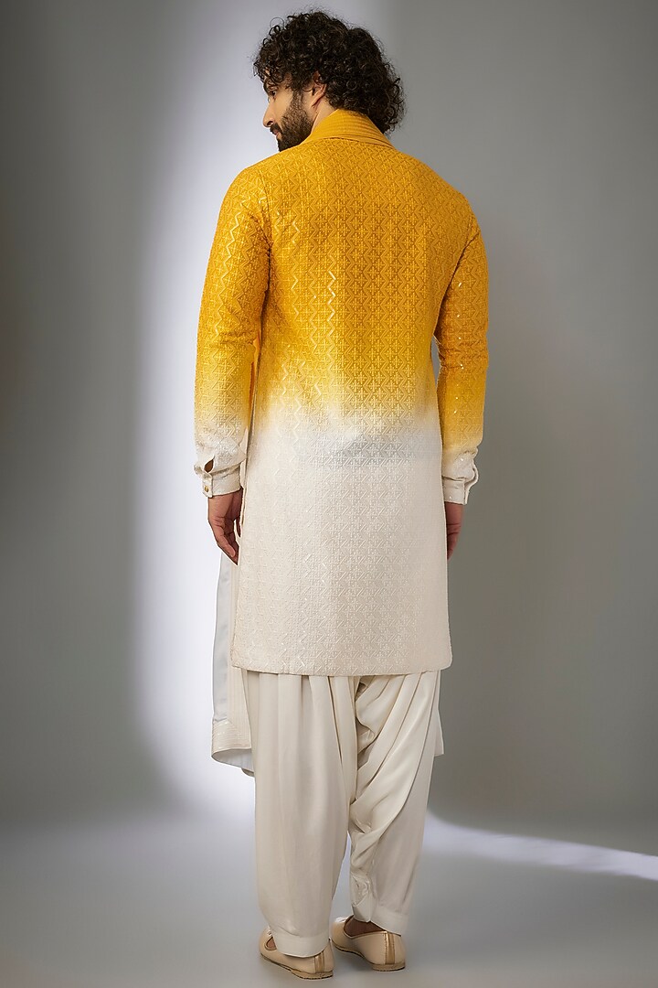 Yellow Ombre Dola Silk Thread Embellished Kurta Set by SALIL BHATIA at Pernia's Pop Up Shop
