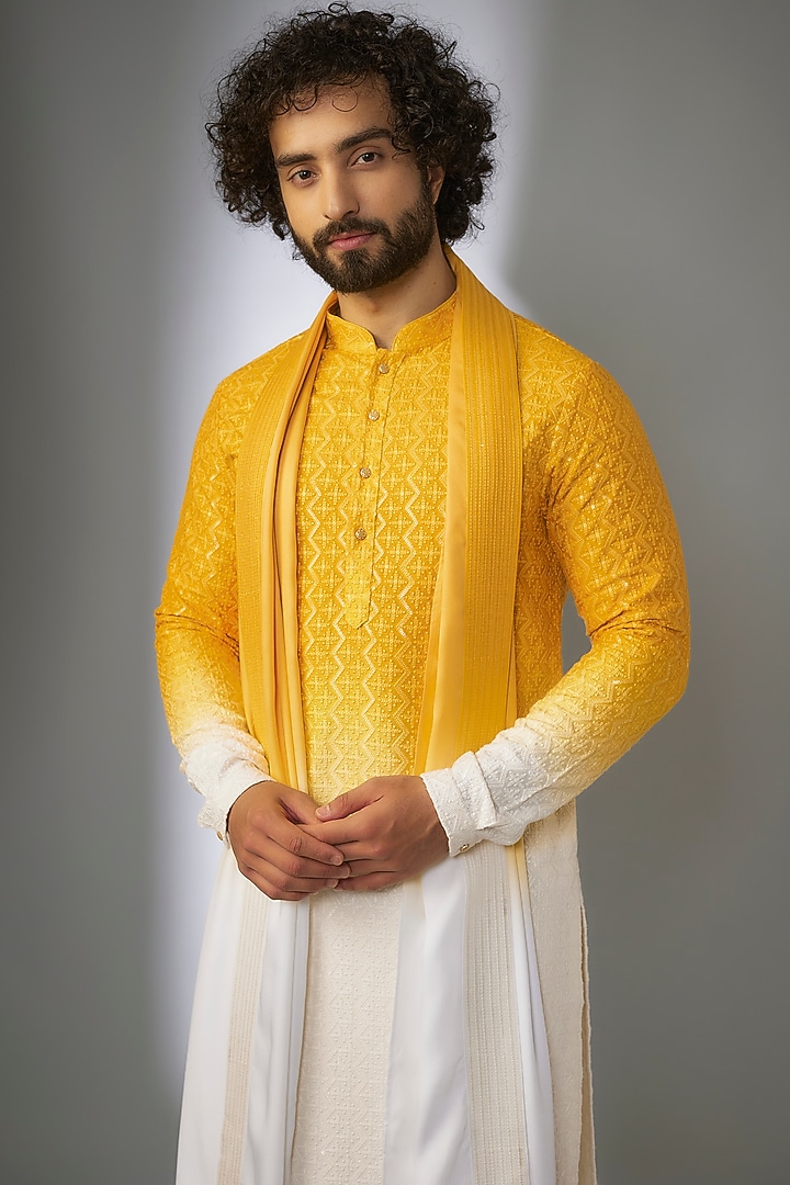 Yellow Ombre Dola Silk Thread Embellished Kurta Set by SALIL BHATIA at Pernia's Pop Up Shop