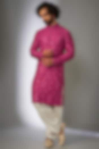 Hot Pink Dola Silk Thread Embellished Kurta Set by SALIL BHATIA