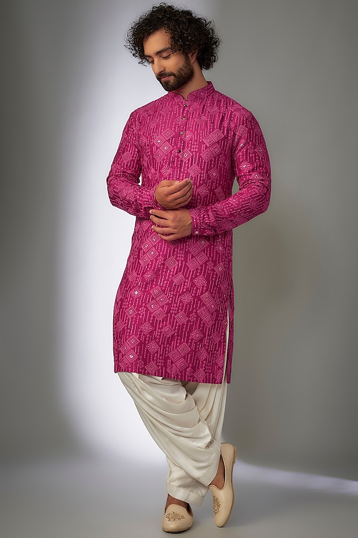 Hot Pink Dola Silk Thread Embellished Kurta Set by SALIL BHATIA