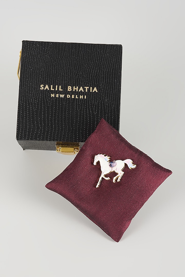 Gold Finish Racing Horse Brooch Pin by SALIL BHATIA at Pernia's Pop Up Shop