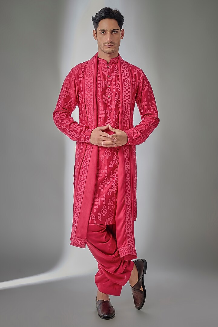 Red Silk Chanderi Thread Embellished Kurta Set by SALIL BHATIA at Pernia's Pop Up Shop