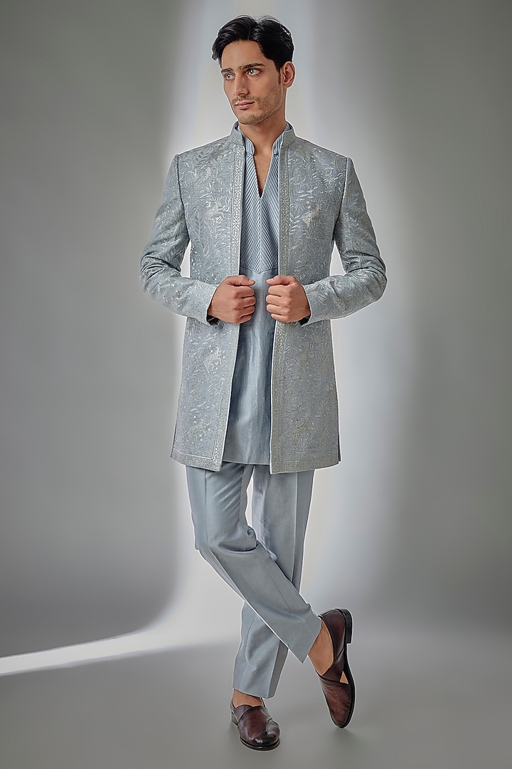 Pastel Blue Dola Silk Embellished Wedding Indowestern Set by SALIL BHATIA at Pernia's Pop Up Shop