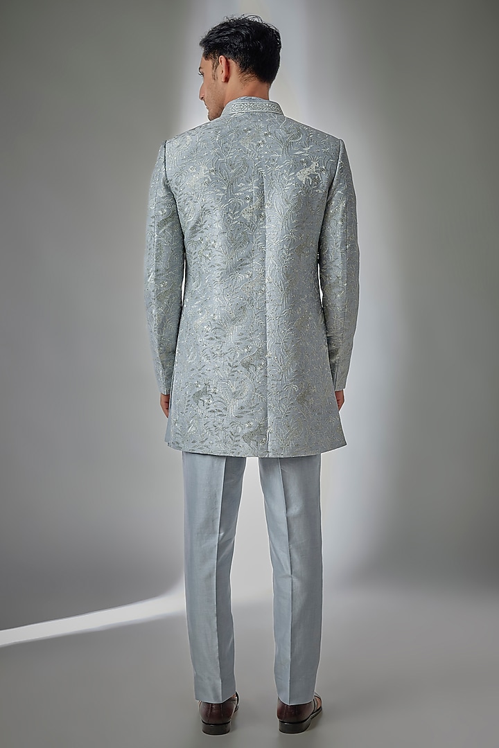 Pastel Blue Dola Silk Embellished Wedding Indowestern Set by SALIL BHATIA at Pernia's Pop Up Shop