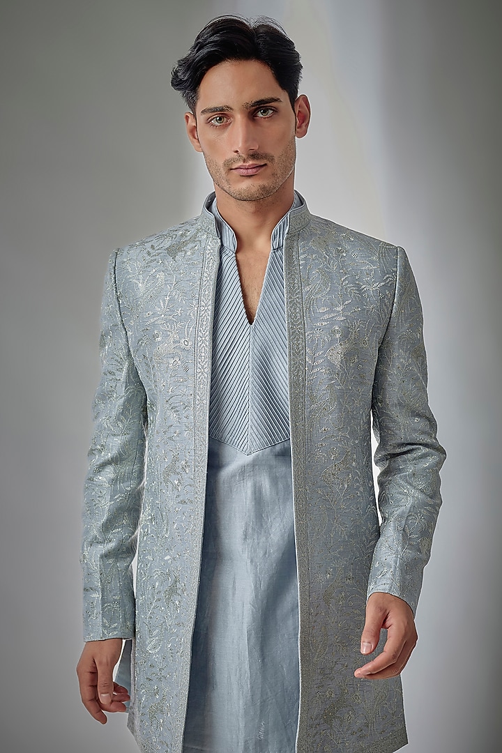 Pastel Blue Dola Silk Embellished Wedding Indowestern Set by SALIL BHATIA at Pernia's Pop Up Shop