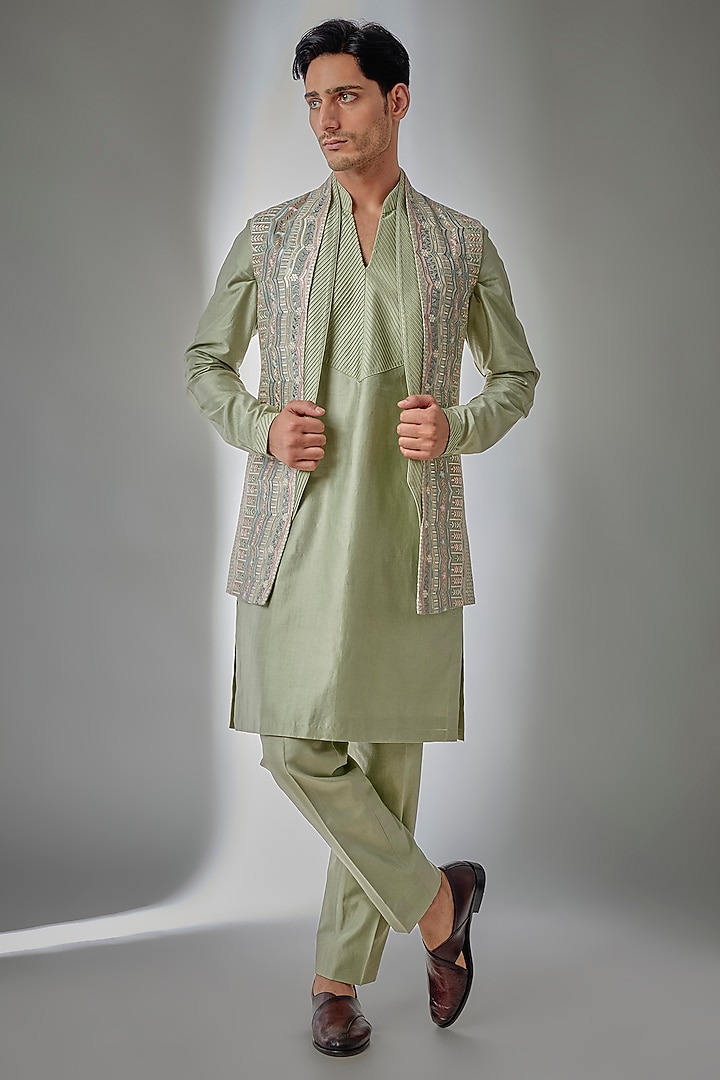 Pastel Green Dola Silk Thread Embellished Wedding Indowestern Set by SALIL BHATIA at Pernia's Pop Up Shop