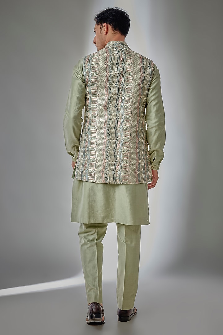 Pastel Green Dola Silk Thread Embellished Wedding Indowestern Set by SALIL BHATIA at Pernia's Pop Up Shop