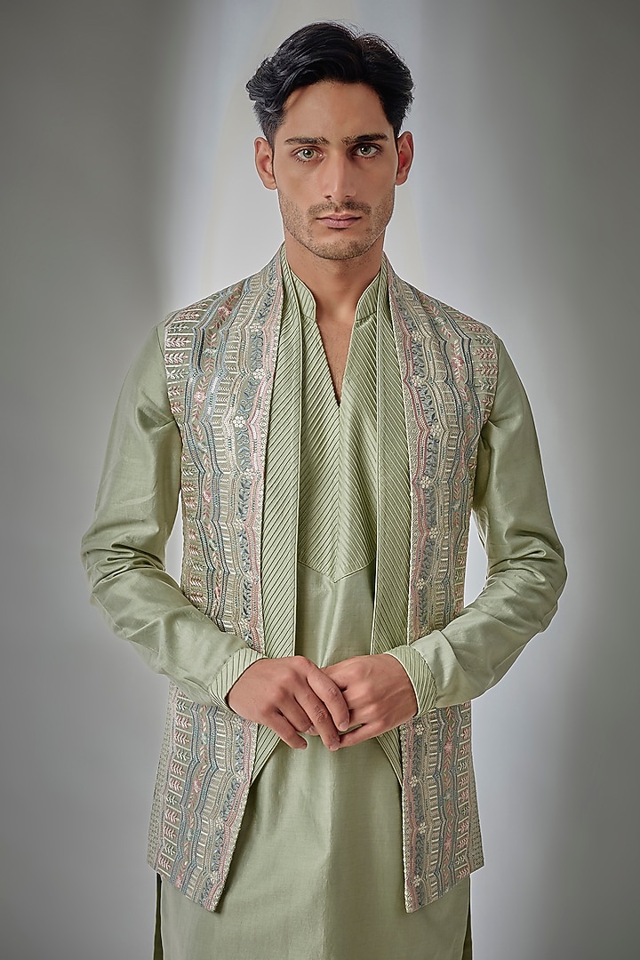 Pastel Green Dola Silk Thread Embellished Wedding Indowestern Set by SALIL BHATIA at Pernia's Pop Up Shop