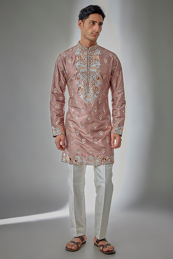 Dusty Rose Pure Silk Mirror Embroidered Kurta Set by SALIL BHATIA at Pernia's Pop Up Shop
