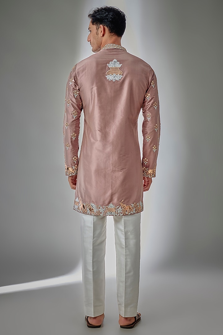 Dusty Rose Pure Silk Mirror Embroidered Kurta Set by SALIL BHATIA at Pernia's Pop Up Shop