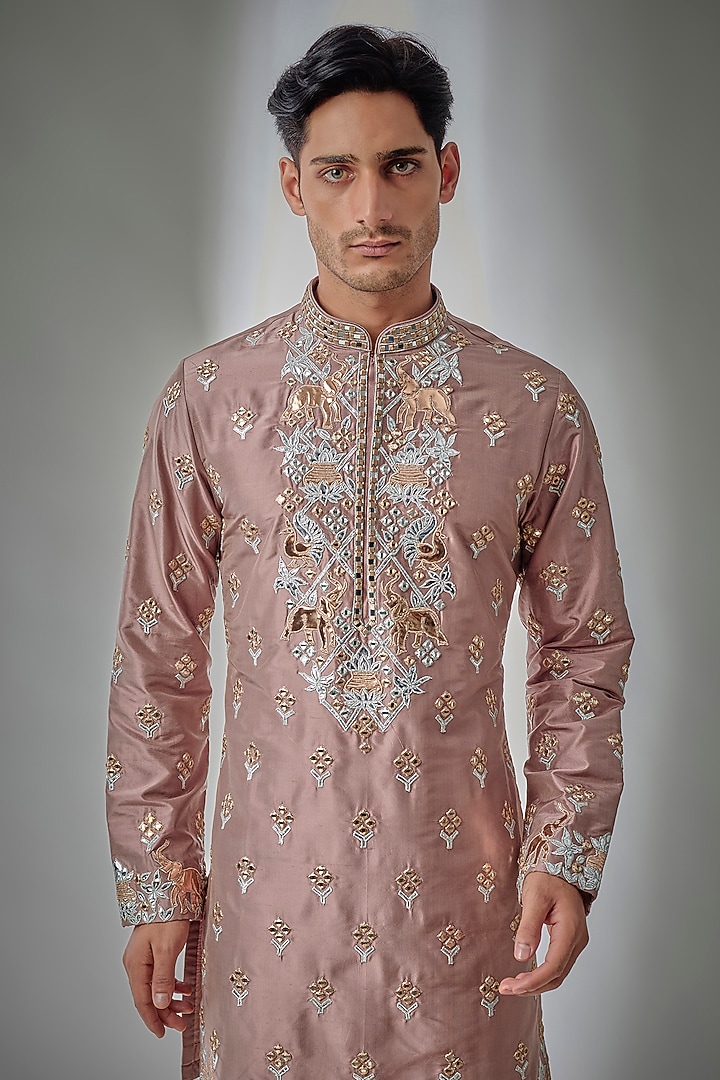 Dusty Rose Pure Silk Mirror Embroidered Kurta Set by SALIL BHATIA at Pernia's Pop Up Shop