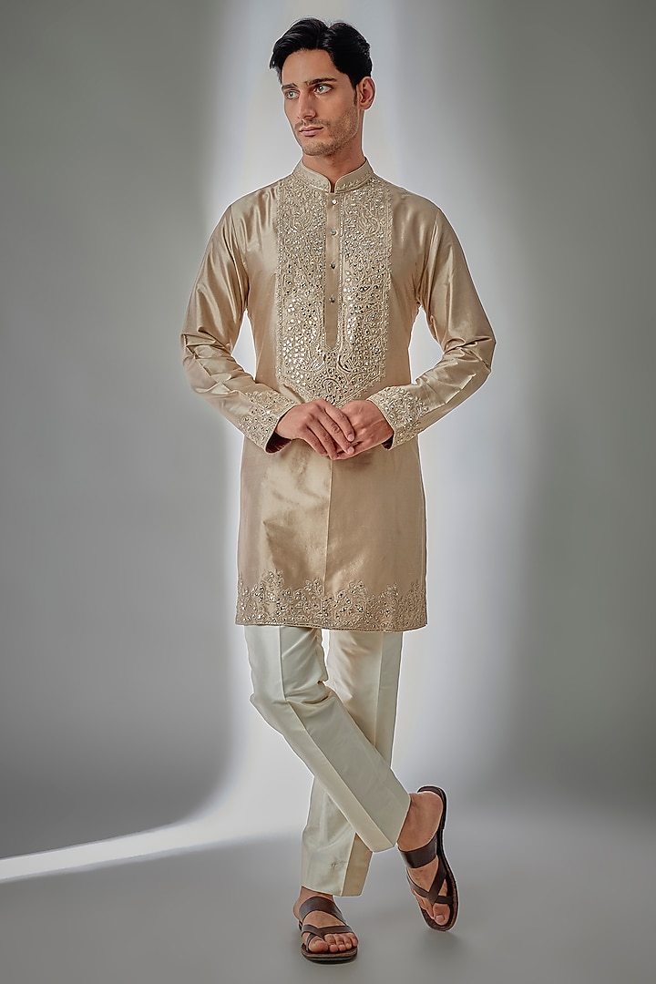 Dull Gold Pure Silk Mirror Embroidered Kurta Set by SALIL BHATIA at Pernia's Pop Up Shop