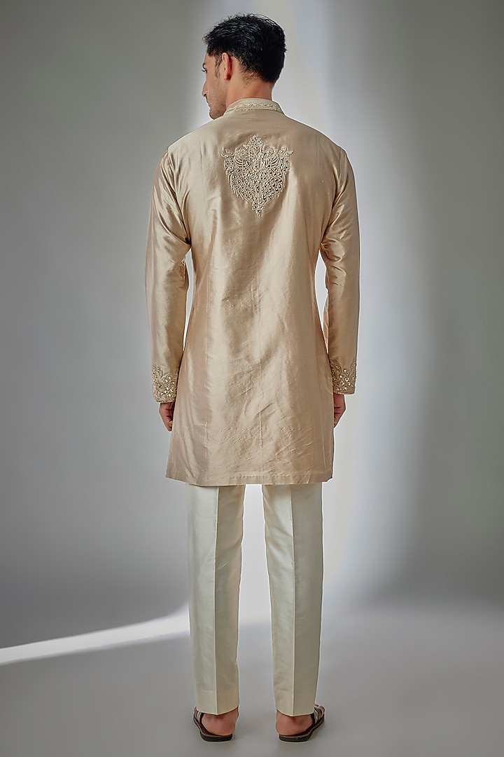 Dull Gold Pure Silk Mirror Embroidered Kurta Set by SALIL BHATIA at Pernia's Pop Up Shop