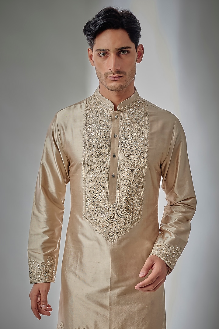 Dull Gold Pure Silk Mirror Embroidered Kurta Set by SALIL BHATIA at Pernia's Pop Up Shop
