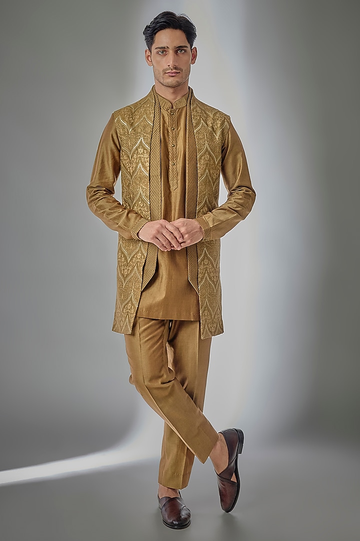 Mehendi Green Dola Silk Thread Embellished Long Jacket Set by SALIL BHATIA at Pernia's Pop Up Shop
