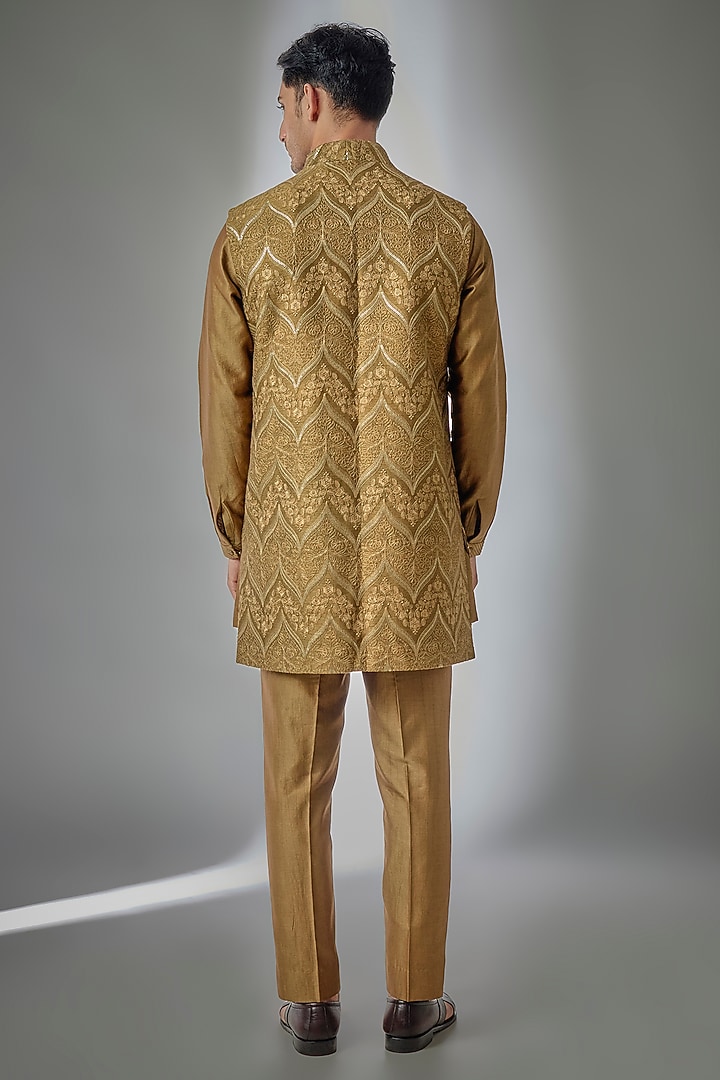 Mehendi Green Dola Silk Thread Embellished Long Jacket Set by SALIL BHATIA at Pernia's Pop Up Shop