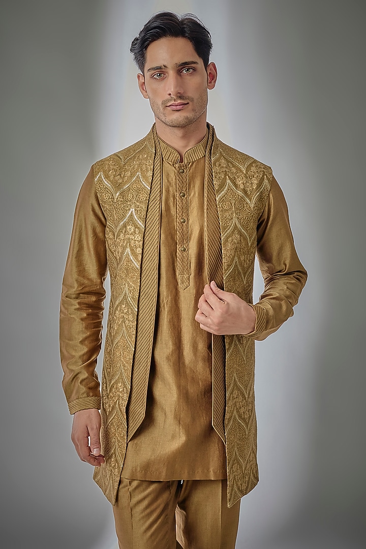 Mehendi Green Dola Silk Thread Embellished Long Jacket Set by SALIL BHATIA at Pernia's Pop Up Shop