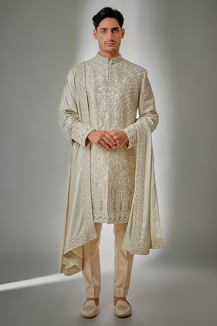 Ivory Beige Raw Silk Hand Embroidered Groom Sherwani Set by SALIL BHATIA at Pernia's Pop Up Shop