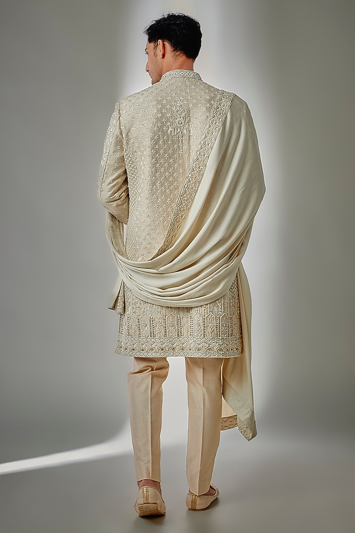 Ivory Beige Raw Silk Hand Embroidered Groom Sherwani Set by SALIL BHATIA at Pernia's Pop Up Shop