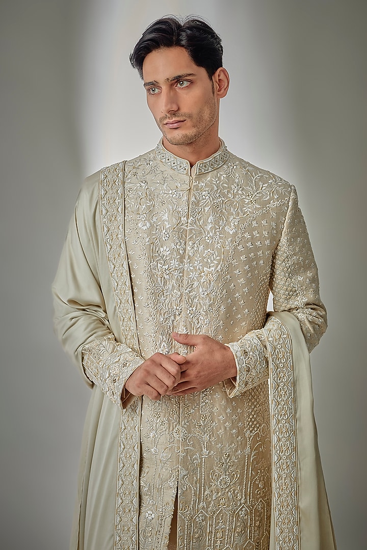 Ivory Beige Raw Silk Hand Embroidered Groom Sherwani Set by SALIL BHATIA at Pernia's Pop Up Shop