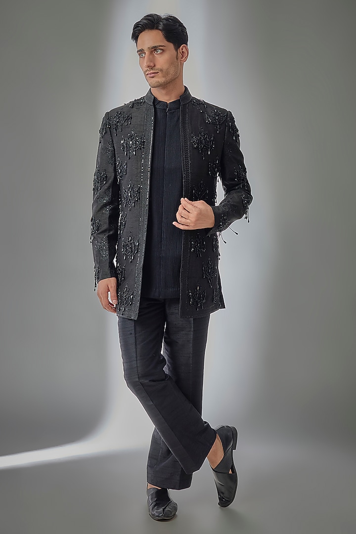 Emerald Green Dola Silk Hand Embroidered Open Groom Bandhgala Set by SALIL BHATIA at Pernia's Pop Up Shop