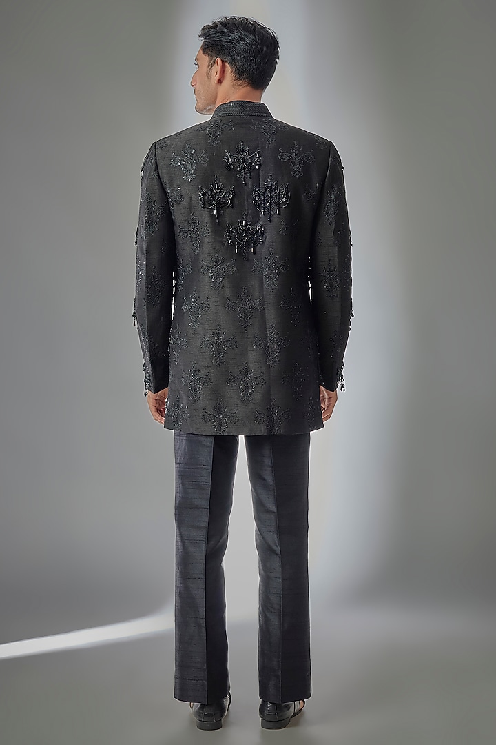 Emerald Green Dola Silk Hand Embroidered Open Groom Bandhgala Set by SALIL BHATIA at Pernia's Pop Up Shop