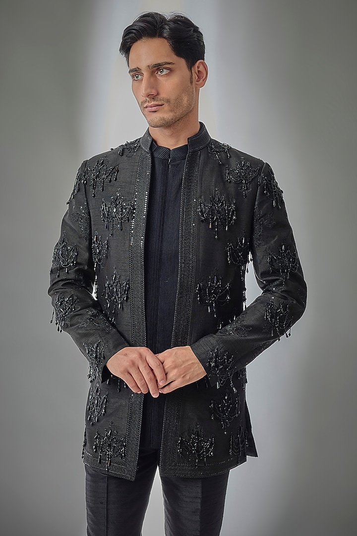 Emerald Green Dola Silk Hand Embroidered Open Groom Bandhgala Set by SALIL BHATIA at Pernia's Pop Up Shop