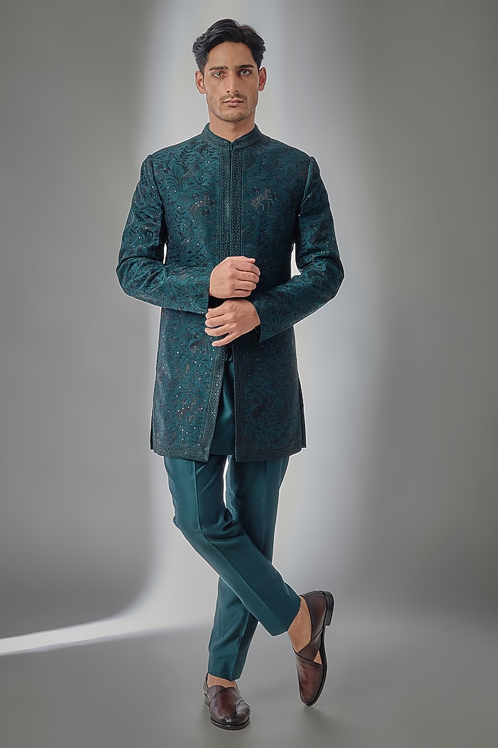 Teal Green Dola Silk Sequin Embellished Wedding Indowestern Set by SALIL BHATIA at Pernia's Pop Up Shop