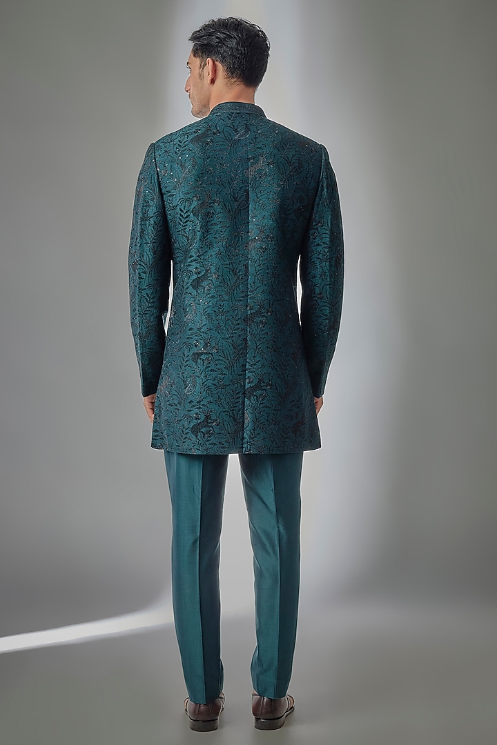 Teal Green Dola Silk Sequin Embellished Wedding Indowestern Set by SALIL BHATIA at Pernia's Pop Up Shop