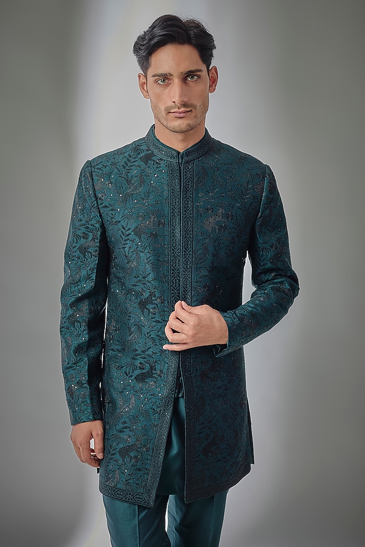 Teal Green Dola Silk Sequin Embellished Wedding Indowestern Set by SALIL BHATIA at Pernia's Pop Up Shop