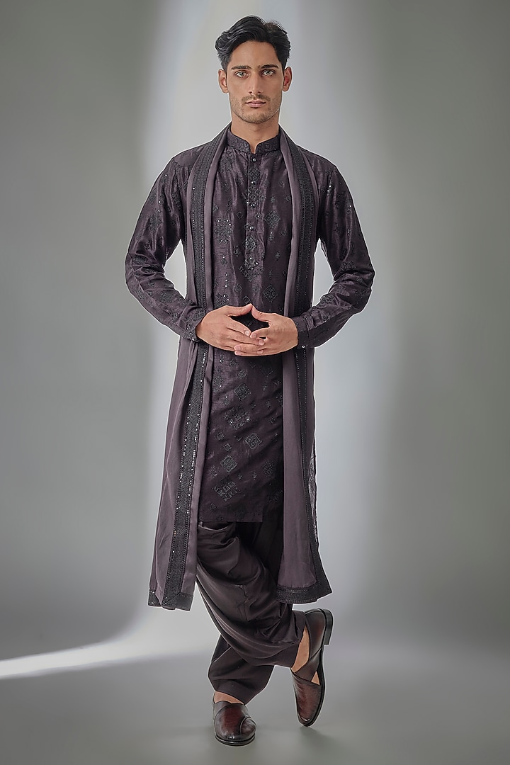 Purple Dola Silk Sequins Embellished Kurta Set by SALIL BHATIA at Pernia's Pop Up Shop