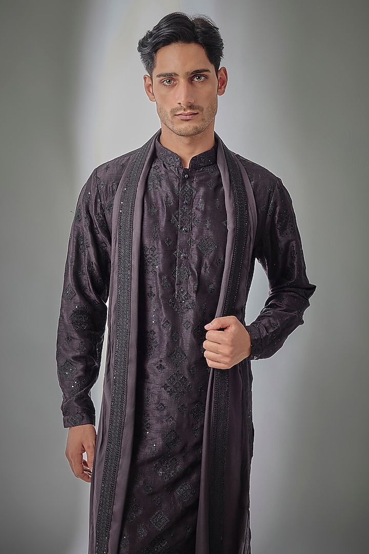 Purple Dola Silk Sequins Embellished Kurta Set by SALIL BHATIA at Pernia's Pop Up Shop