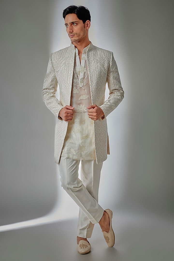 Beige Moonga Silk Sequin Embellished Wedding Indowestern Set by SALIL BHATIA at Pernia's Pop Up Shop
