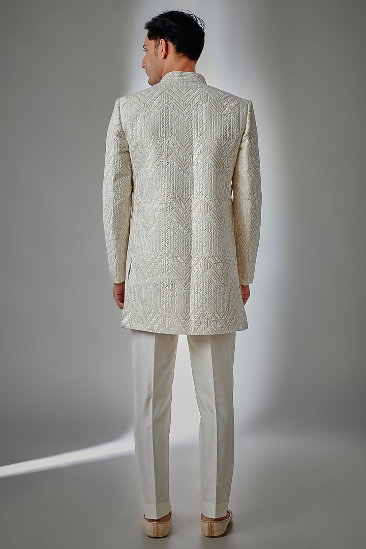 Beige Moonga Silk Sequin Embellished Wedding Indowestern Set by SALIL BHATIA at Pernia's Pop Up Shop