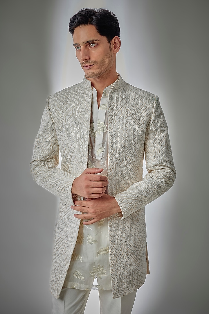 Beige Moonga Silk Sequin Embellished Wedding Indowestern Set by SALIL BHATIA at Pernia's Pop Up Shop