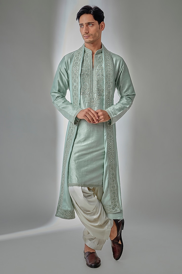 Green Raw Silk Mirror Embroidered Kurta Set by SALIL BHATIA at Pernia's Pop Up Shop